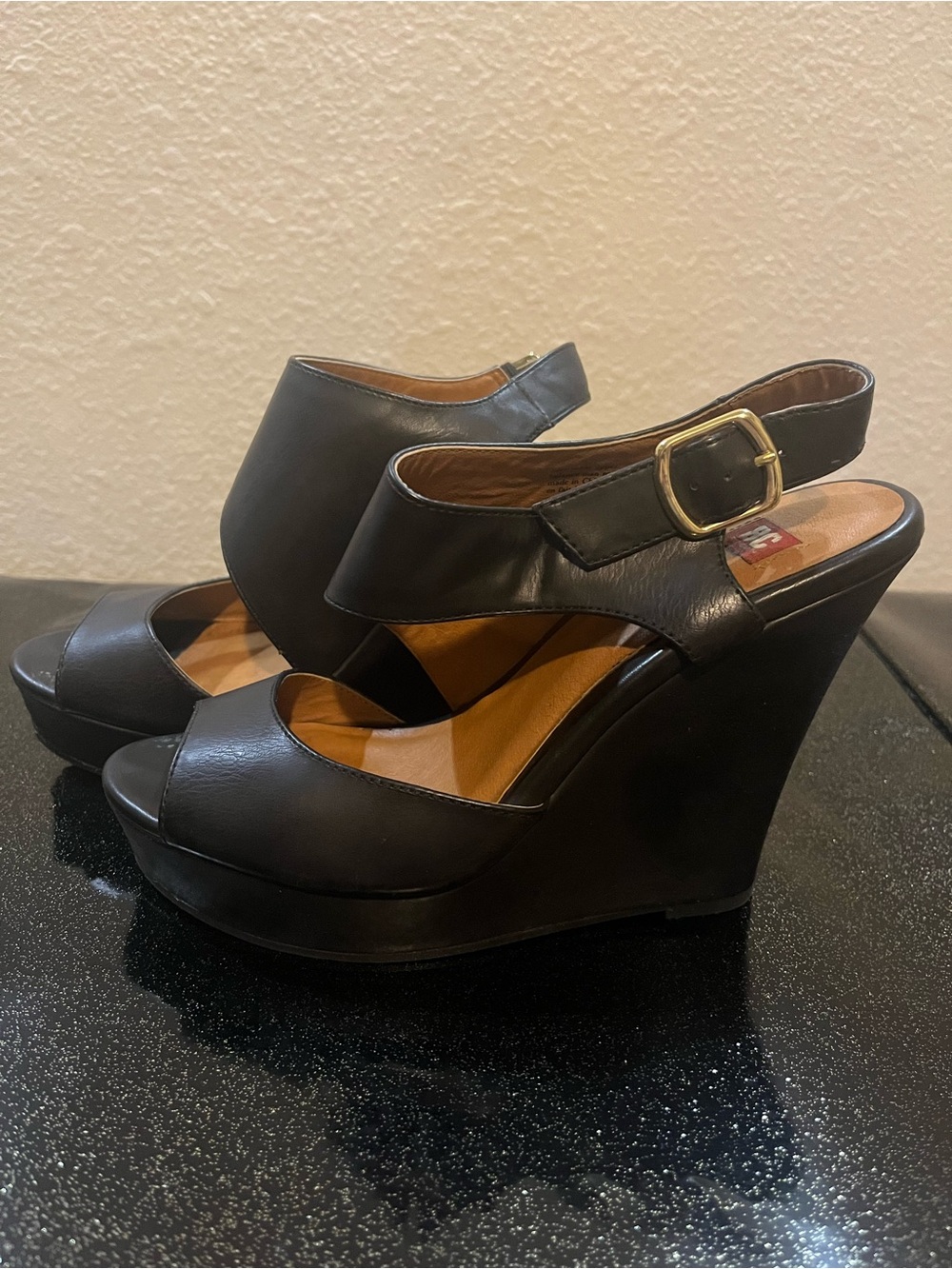 Black Wedge Peep-Toe Wedges with Buckle